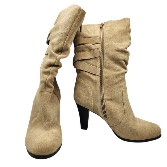 Kelly & Katie Tan Suede Ruched Heeled Boots – Size 9.5 / EU 40 - Western - Picture 2 of 9